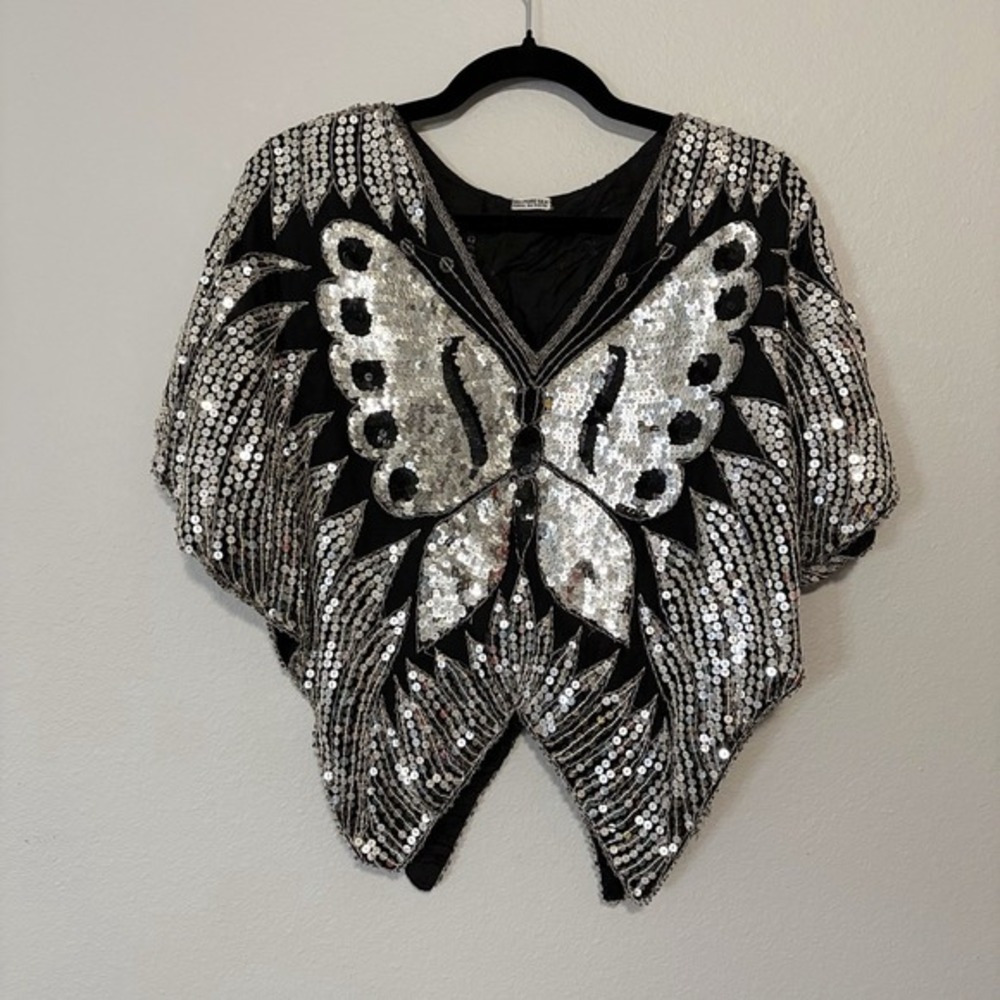 VTG 70s iconic Butterfly Sequin Blouse‎ Silver Black Silk Disco One Size Retro